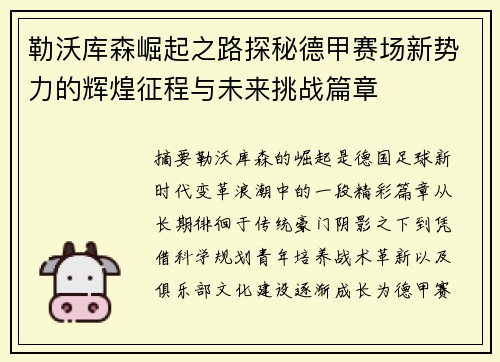 勒沃库森崛起之路探秘德甲赛场新势力的辉煌征程与未来挑战篇章