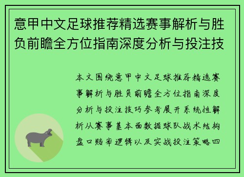 意甲中文足球推荐精选赛事解析与胜负前瞻全方位指南深度分析与投注技巧参考